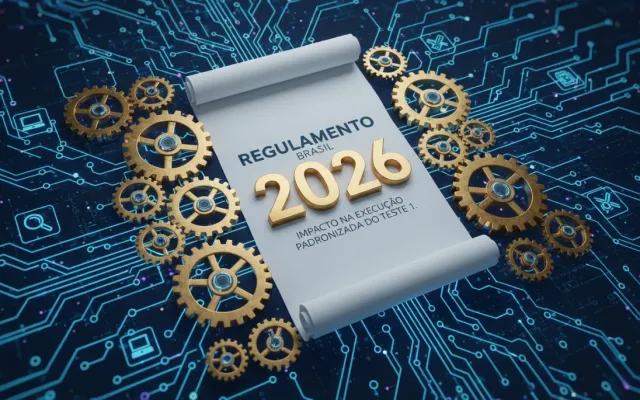 Documento regulatório de 2026 com engrenagens e redes digitais representando o impacto no Teste 1 no Brasil.