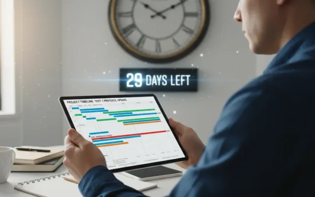 Pessoa planejando a implementação do protocolo de Teste 1 em um tablet, com um relógio ao fundo.