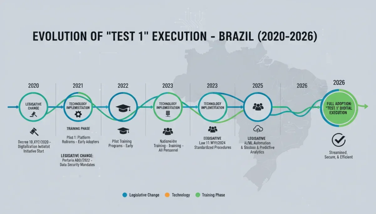 Infográfico de linha do tempo com marcos importantes para a implementação da regulamentação de 2026 do Teste 1.
