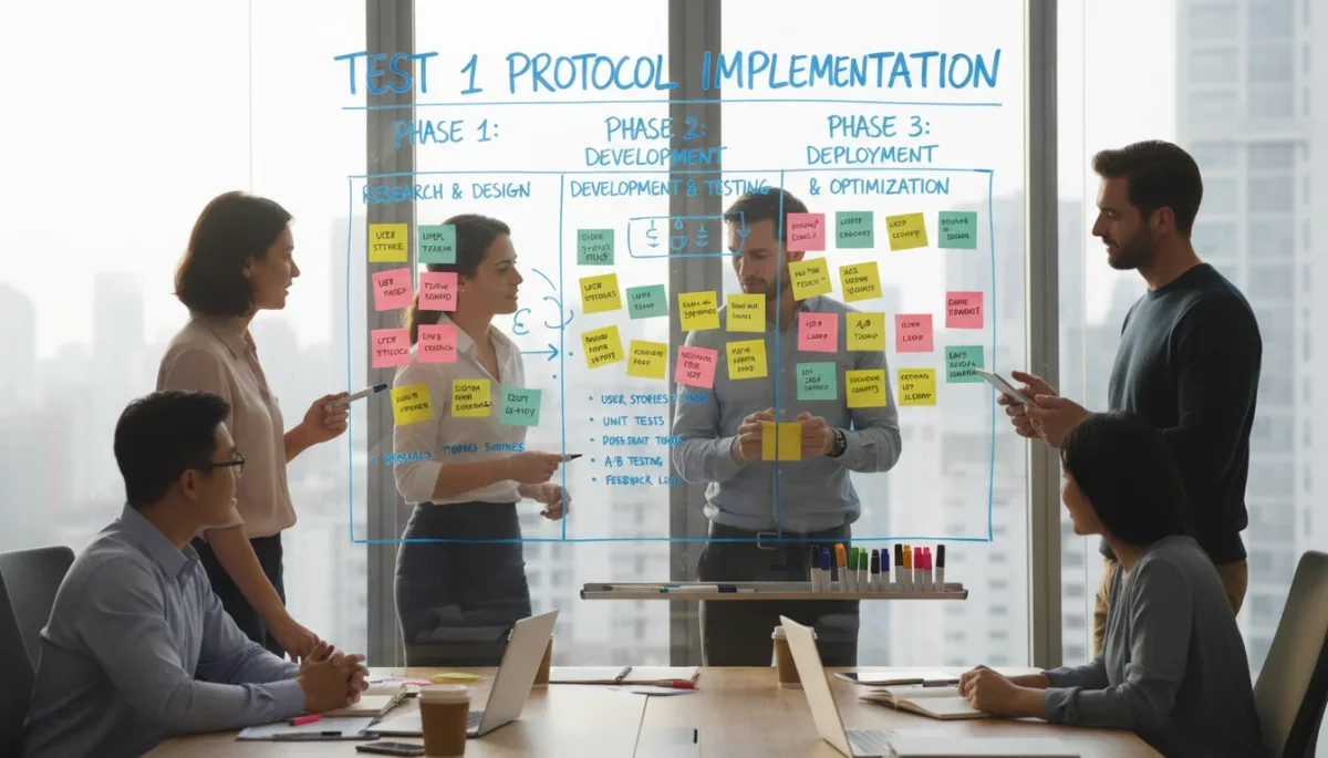 Equipe colaborando em um quadro branco para mapear as fases de implementação do protocolo.