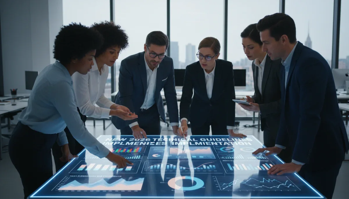Equipe colaborando em mesa digital com métricas de Teste 1 e diretrizes 2026