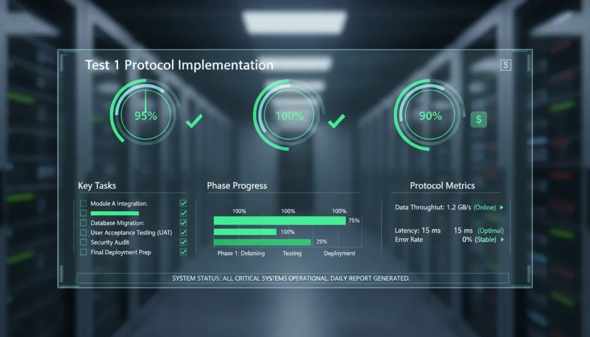 Painel digital com KPIs e rastreadores de progresso para a implementação do protocolo Teste 1.