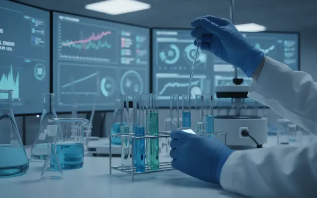 Técnico de laboratório manipulando amostras com foco e precisão, cercado por equipamentos de análise e gráficos de dados, ilustrando a complexidade do Teste 1.