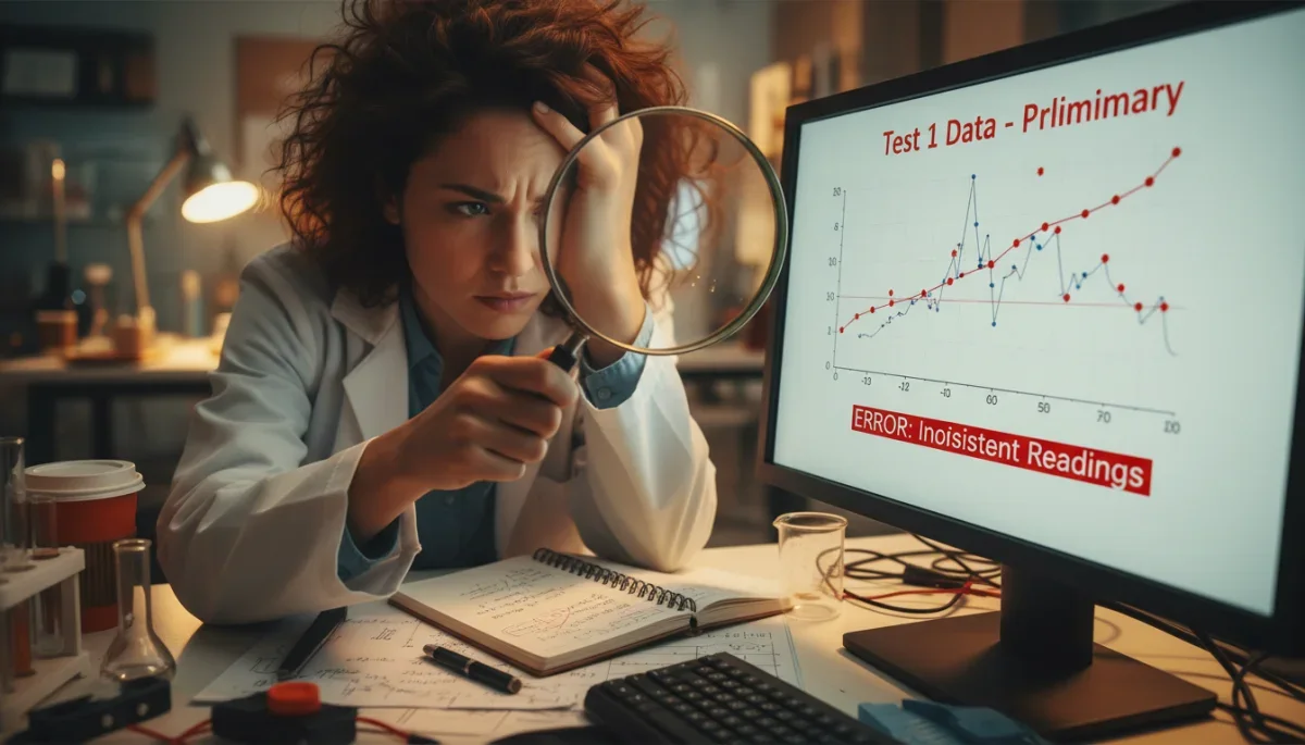 Cientista analisando dados inconsistentes do Teste 1 em um monitor, com lupa sobre um detalhe, representando a busca por falhas e a necessidade de validação.