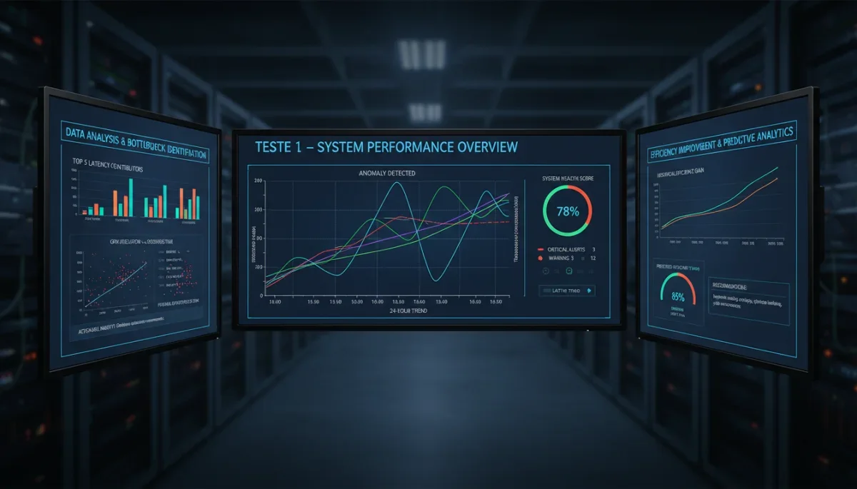 Painel de controle com gráficos de desempenho e tempo de resposta, ilustrando a análise de dados para otimização do Teste 1.