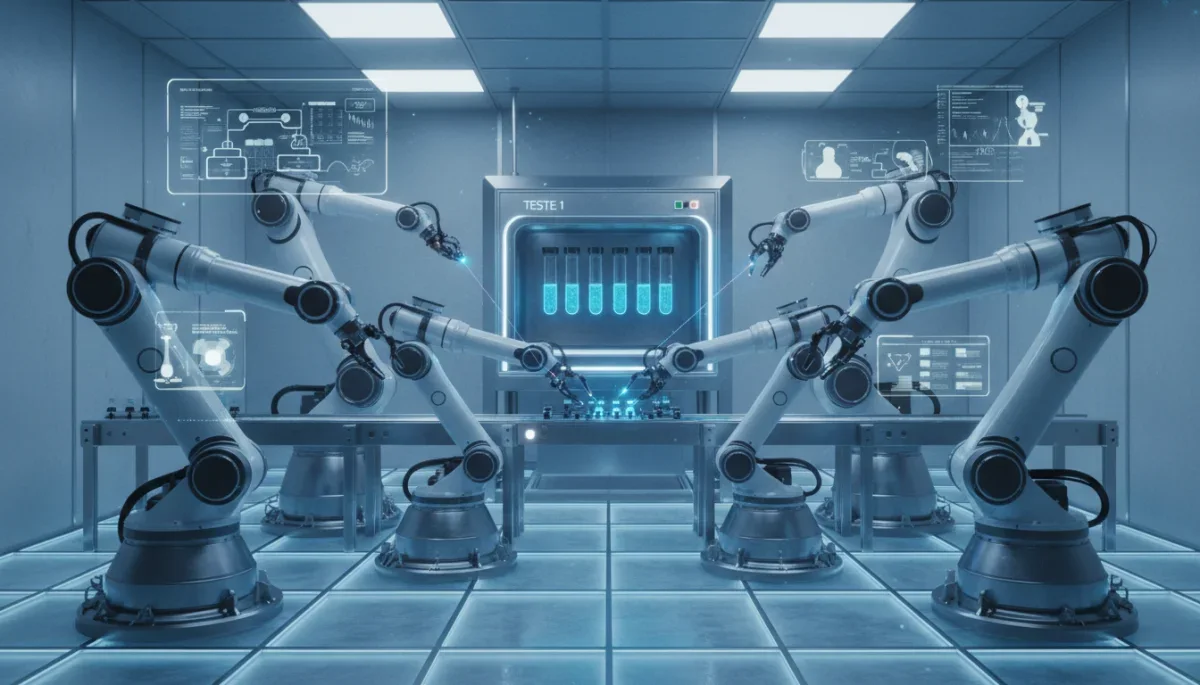 Braços robóticos automatizando tarefas em um ambiente de laboratório, representando a automação de processos para o Teste 1.